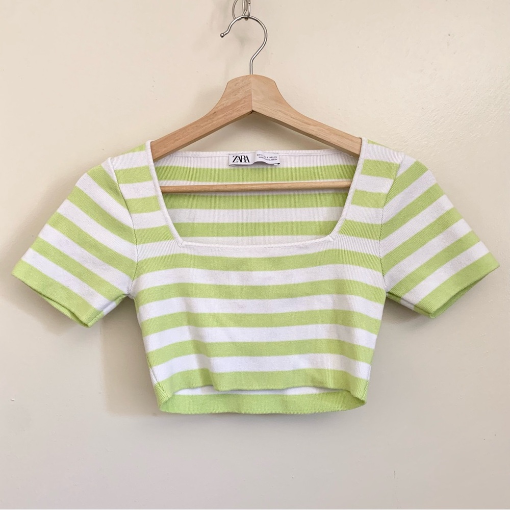 Zara Lime Green White Stripe Knit Square Neck Top US Small